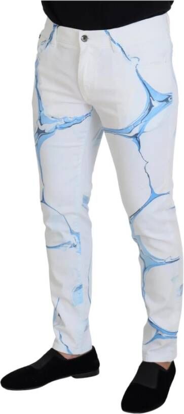 Dolce & Gabbana White Blue Denim Cotton Jeans Stretch Skinny Fit Pant Blauw Heren