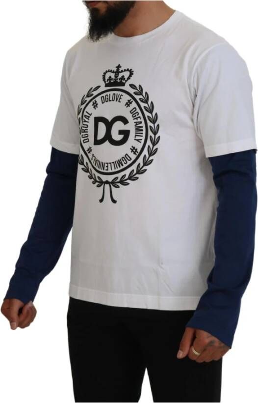 Dolce & Gabbana White Blue DG Crown Pullover Sweater Wit Heren