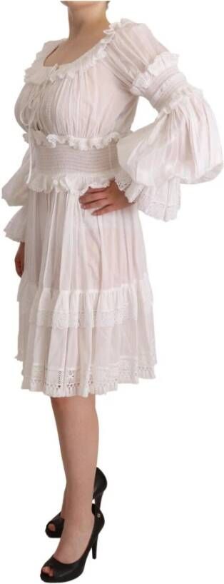 Dolce & Gabbana White Cotton Frilled Mousseline Off Shoulder Dress Wit Dames