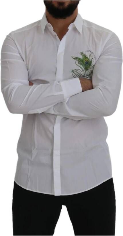 Dolce & Gabbana White Cotton Peacock Feather Formal Gold Overhemd Wit Heren