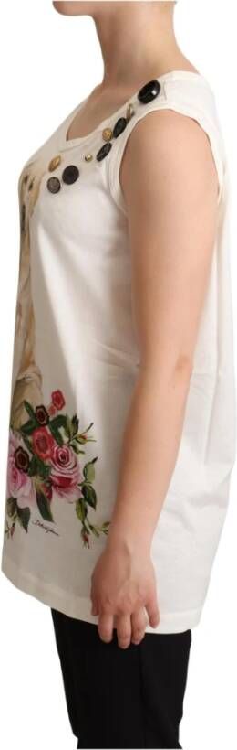 Dolce & Gabbana White Dog Floral Print Embellished T-shirt Wit Dames