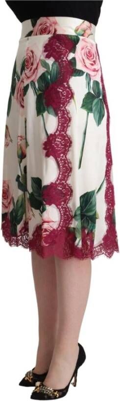 Dolce & Gabbana White Rose Print High Waist Midi A-line Skirt Wit Dames