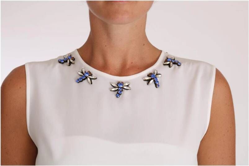 Dolce & Gabbana White Silk Crystal Embellished Fly T-shirt Wit Dames