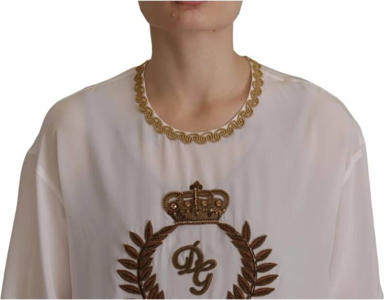 Dolce & Gabbana White Silk Gold DG Crown Crystal Blouse Top Wit Dames