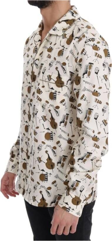 Dolce & Gabbana White Silk Jazz Motive Print Overhemd Wit Heren