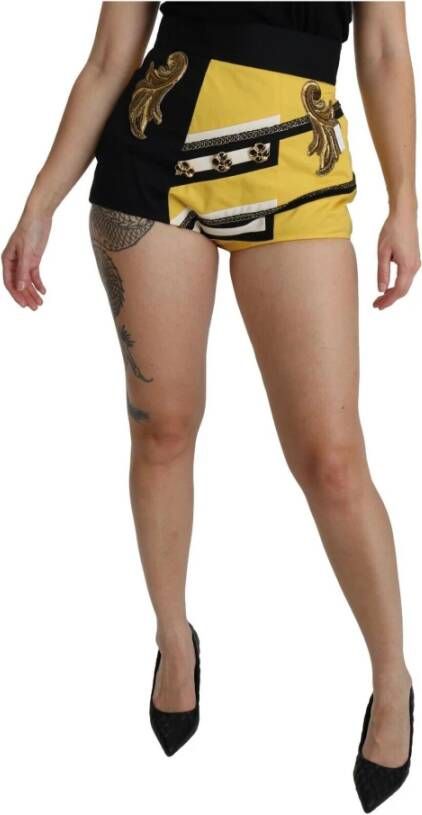 Dolce & Gabbana Yellow Black Cotton Jewelled Hot Pants Shorts Geel Dames