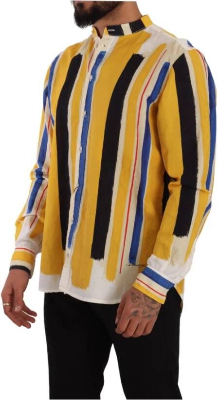 Dolce & Gabbana Yellow Striped Henley Linen Cotton Overhemd Geel Heren