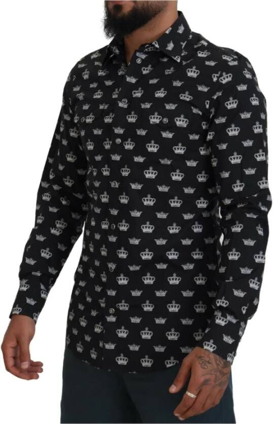 Dolce & Gabbana Zwarte Crown Print Gouden Slim Fit Shirt Zwart Heren