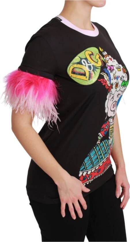 Dolce & Gabbana Zwarte Jaar van het Varken Katoenen T-shirt Zwart Dames