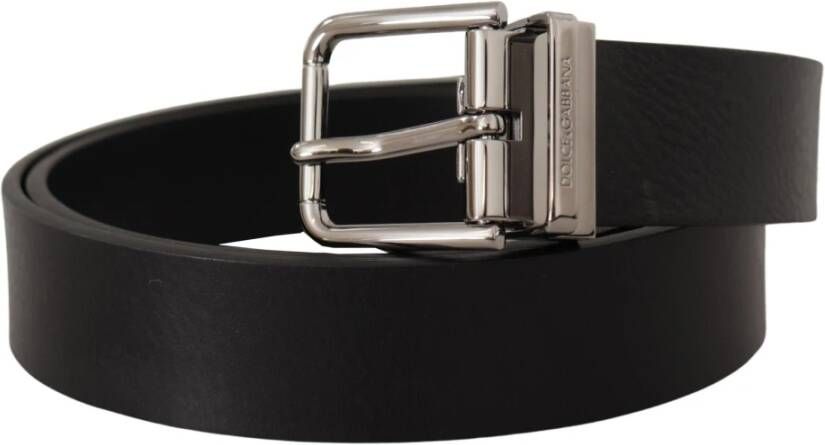 Dolce & Gabbana Zwarte kalfsleren riem met gegraveerd logo en metalen gesp Zwart Heren