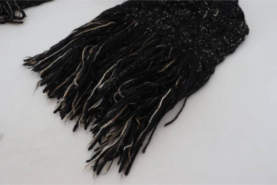 Dolce & Gabbana Zwarte Wol Gebreide Wrap Foulard Franje Sjaal Zwart Dames