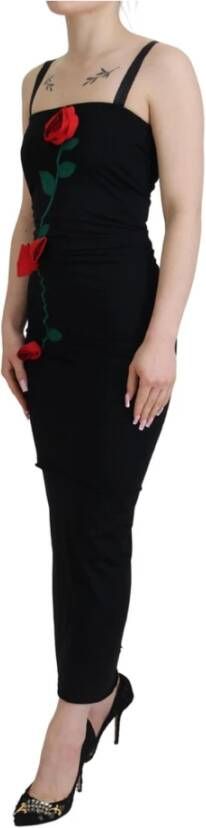 Dolce & Gabbana Zwarte Wollen Sheath Jurk met Rode Rozen Borduursel Zwart Dames