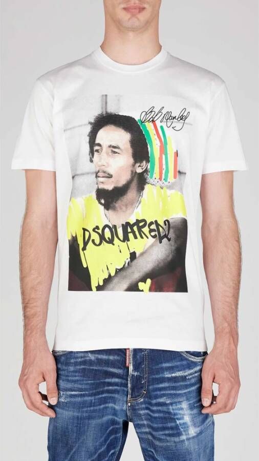 Dsquared2 Grafisch Bedrukt Bob Marley T-Shirt Maat L Wit White Heren