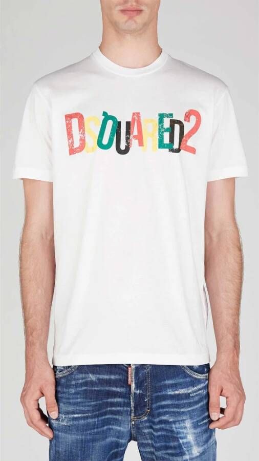 Dsquared2 Multicolor Logo Print T-Shirt Maat L Wit Heren