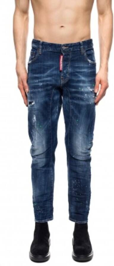 Dsquared2 Slim Fit Medium Denim Jeans met Distressed Detail Blauw Heren