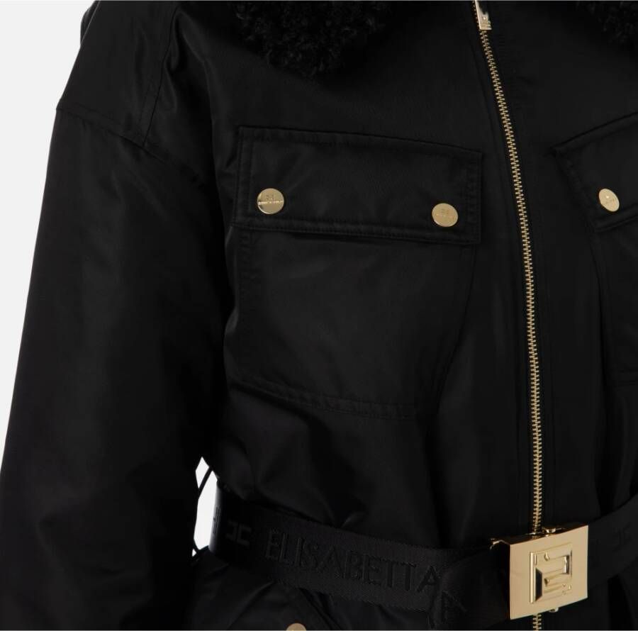 Elisabetta Franchi Aviator Puffer Jas in Zwart Satijn Zwart Dames
