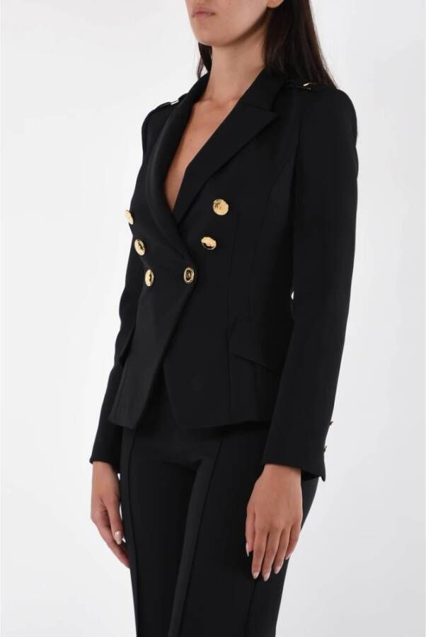 Elisabetta Franchi Dubbelbreasted Stretch Crêpe Jas met Gouden Logo Platen Zwart Dames