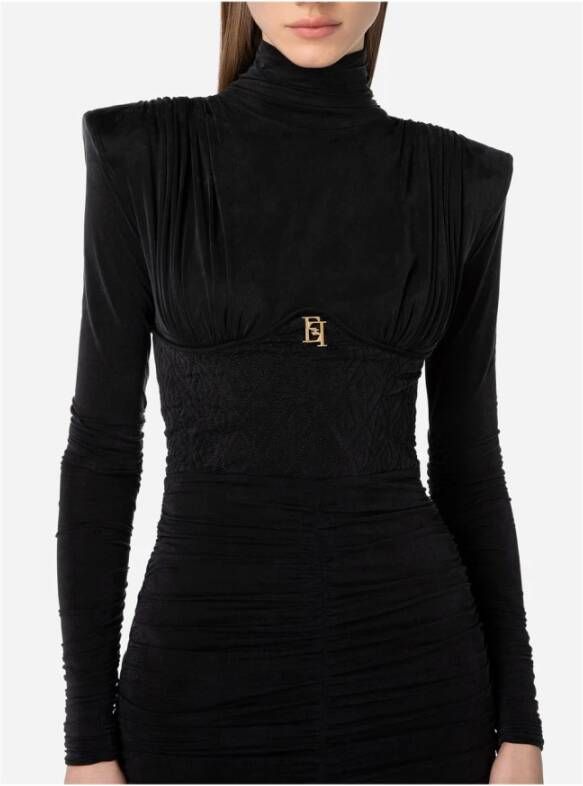 Elisabetta Franchi Elegante Zwarte Jersey Jurk met Geborduurde Diamanten Zwart Dames
