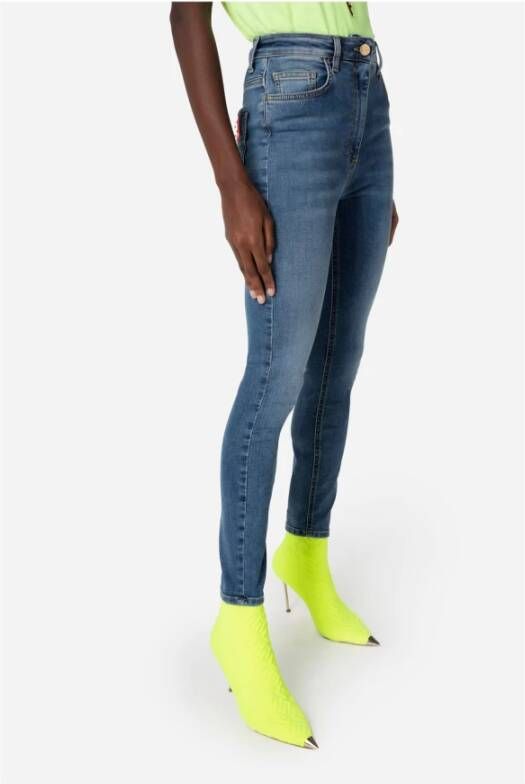 Elisabetta Franchi Jeans van stretchkatoen met hoge taille en opvallend metalen logo Blauw Dames