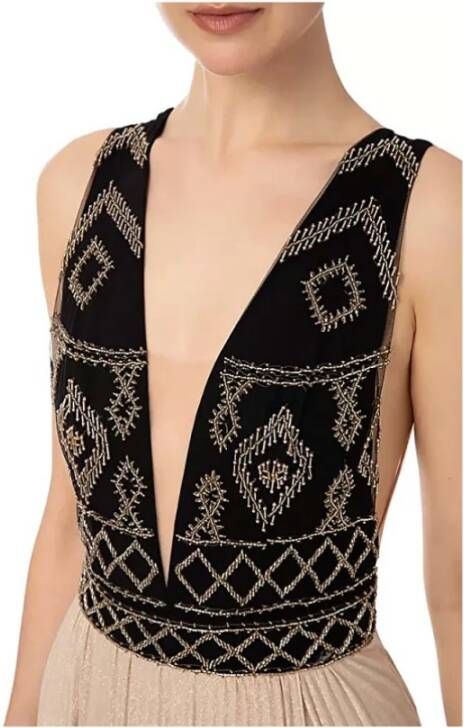 Elisabetta Franchi Lange jurk met geborduurd ruitjeslijfje en lurex jersey rok Beige Dames