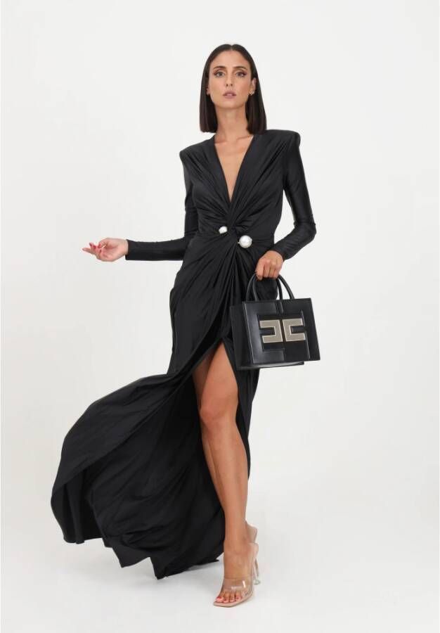 Elisabetta Franchi Zwarte lange jurk met gedrapeerde taille en pareldetail Zwart Dames