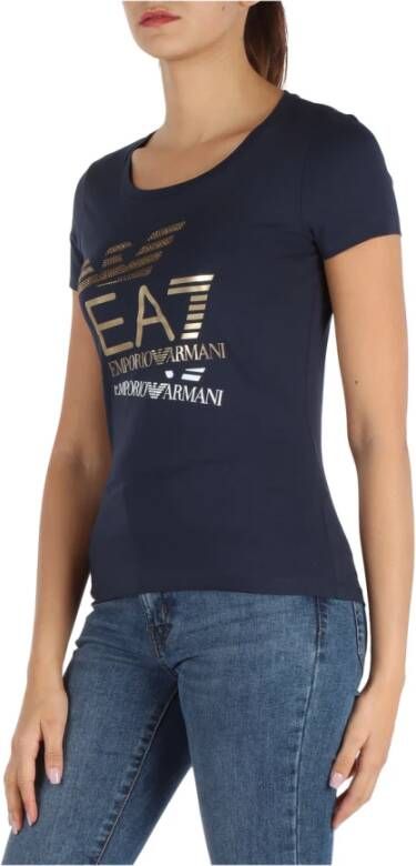 Emporio Armani EA7 Stretch Katoenen T-shirt met Voorlogo Print Blue Dames