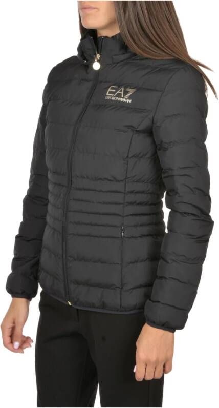 Emporio Armani EA7 Zwarte gewatteerde jas met capuchon en klein logo Zwart Dames