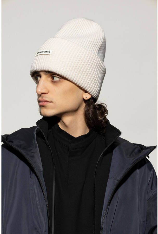 Emporio Armani Wollen beanie met logo Beige Heren
