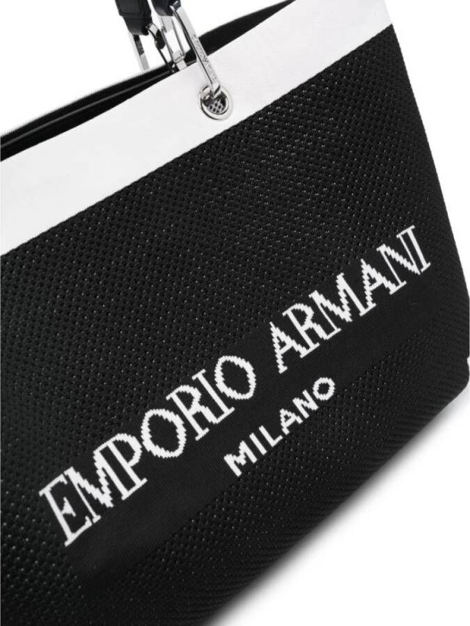 Emporio Armani Logo-Intarsia Tote Bag Zwart Wit Gebreide Handtas Black Dames