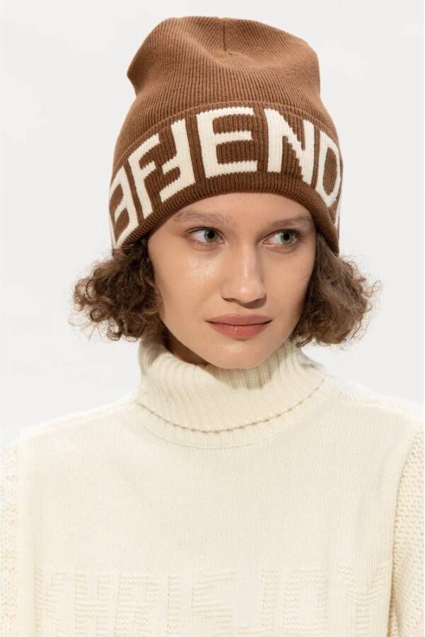 Fendi Wollen muts met logo Bruin Dames