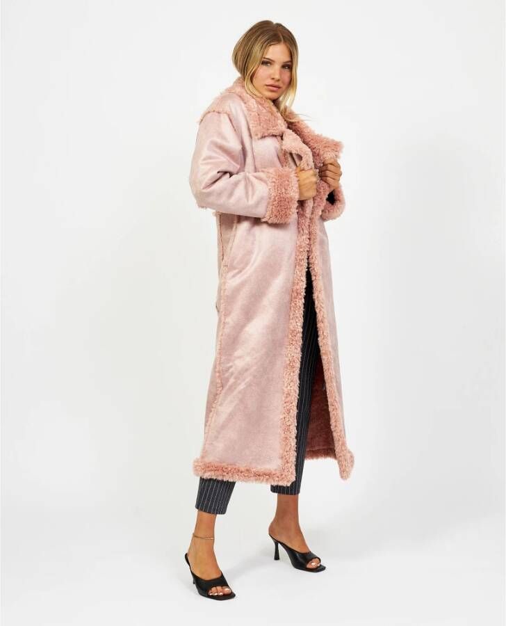 Fracomina Lange roze jas met imitatiebont details Roze Dames