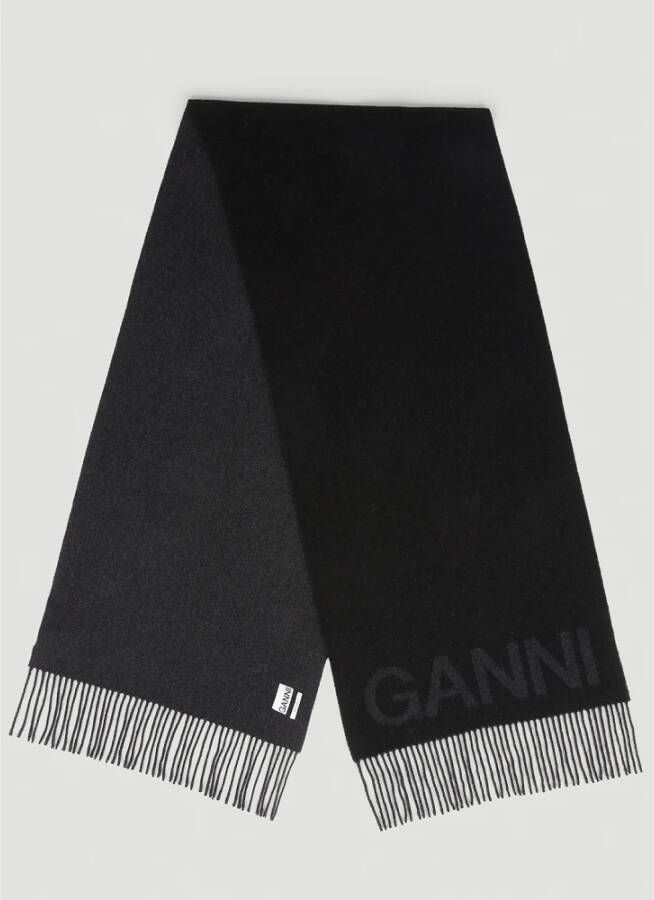Ganni Geborsteld wollen sjaal met franjes Zwart Dames