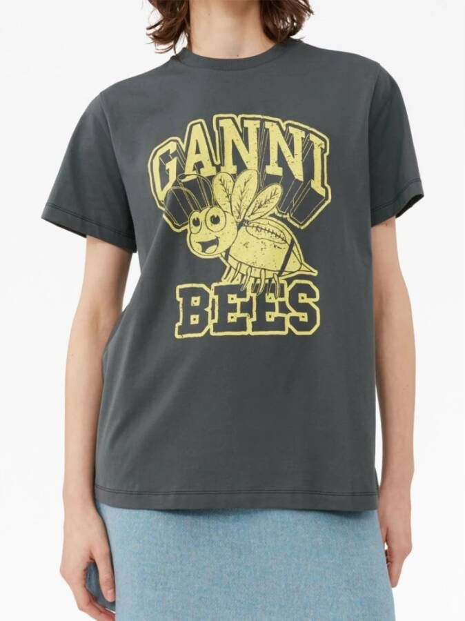 Ganni Donkergrijze Basic Jersey Yellow Bee Relaxed T-Shirt Gray Dames
