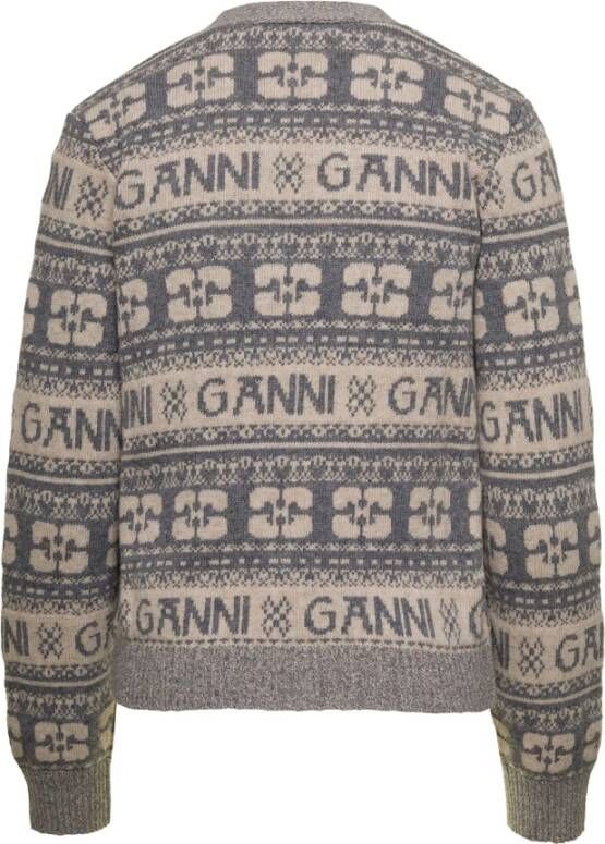Ganni Grijze Logo Wolmix Cardigan Sweaters Grijs Dames