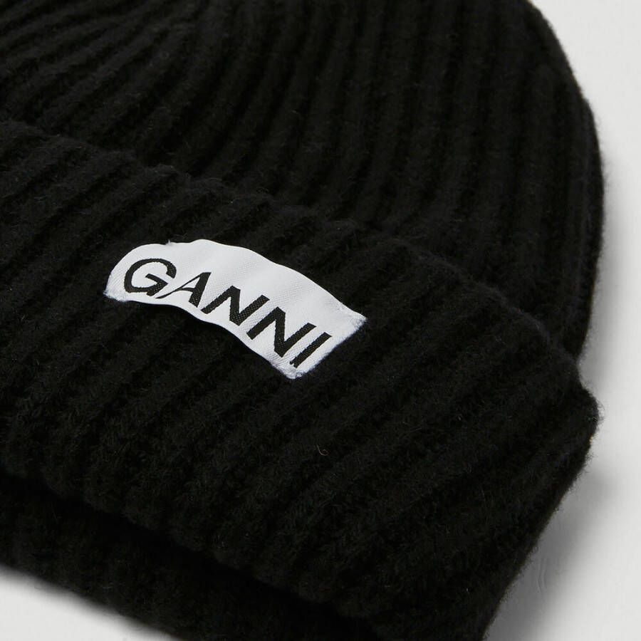 Ganni Logo patch geribbeld beanie hoed Zwart Dames