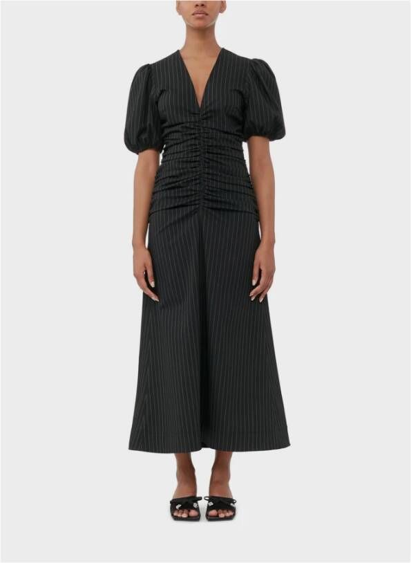 Ganni Stretch Streep Gathered Lange Jurk Black Dames