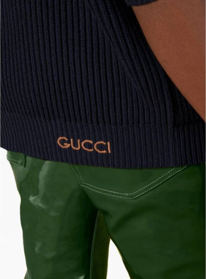 Gucci Blauwe Gebreide Jas met Geborduurd Logo Blue Heren
