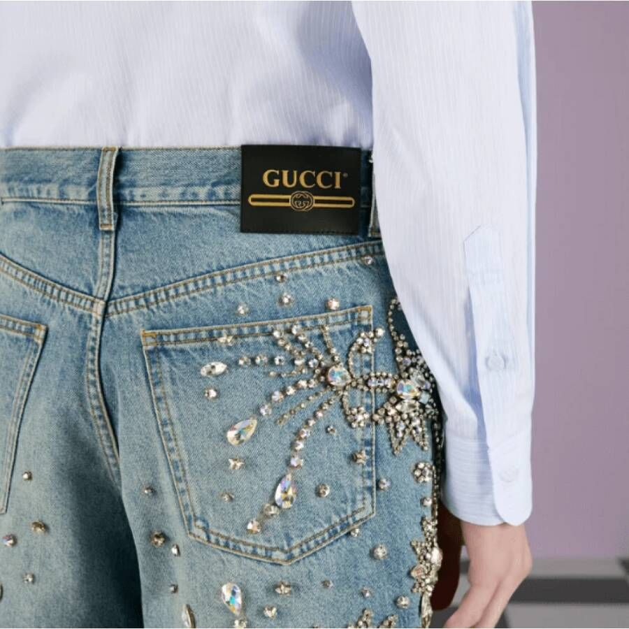 Gucci Denim Short met kristallen afwerking Blauw Dames