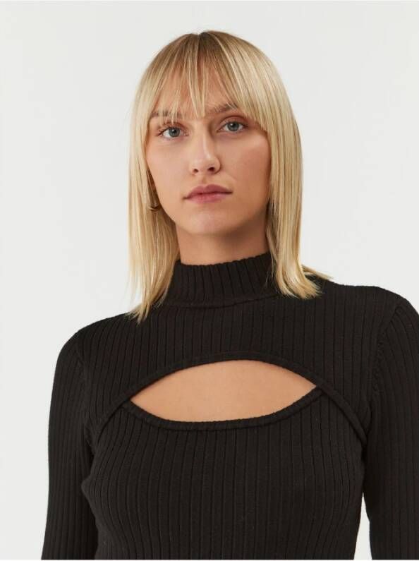 Guess Aansluitende Geribbelde Trui met Buste Opening Zwart Dames