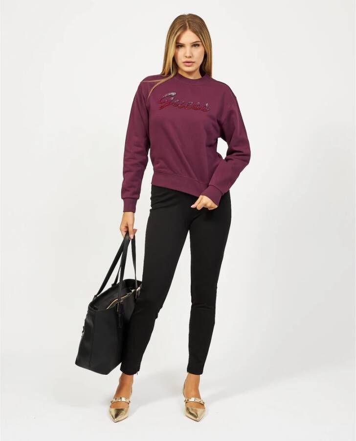 Guess Logo Versierde Sweater Violet Rechte Pasvorm Purple Dames