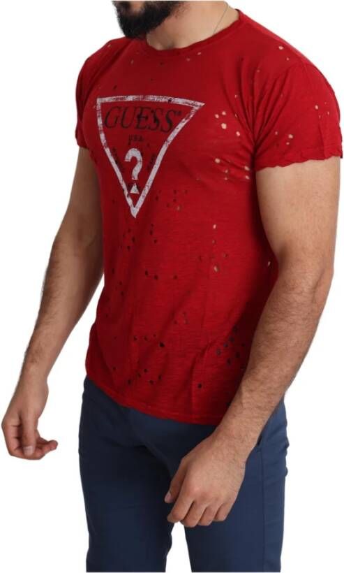 Guess Red Cotton Logo Print Men Casual Top Perforated T-shirt Rood Heren
