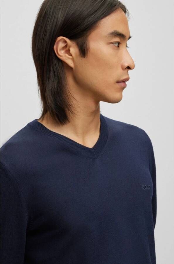 Hugo Boss Blauwe Wollen Trui V-Hals Blue Heren