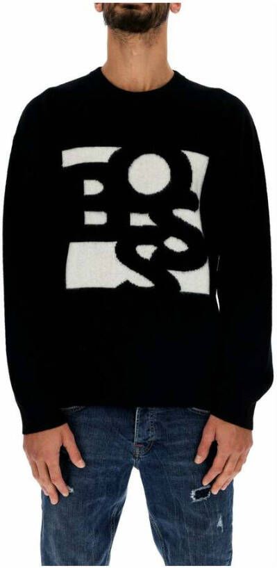 Hugo Boss Maglia girocollo in lana con logo jacquard scomposto a contrasto uomo Boss 50477350 Nero Zwart Heren
