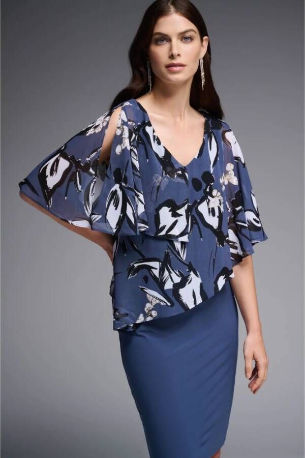 Joseph Ribkoff Bloemen Chiffon Overlay Midi Jurk Blauw Dames