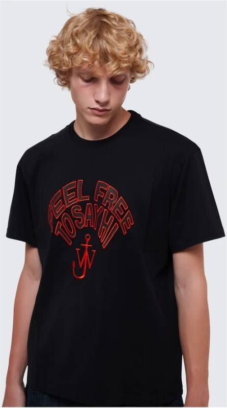 JW Anderson Zwart Crew Neck T-Shirt met Front Print Black Heren