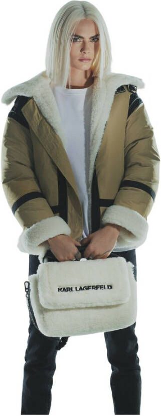 Karl Lagerfeld X Cara Delevingne Faux Fur Biker Coat Beige Dames