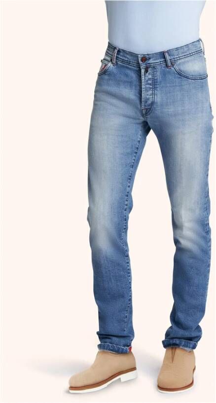 Kiton Slim-Fit Katoenen Jeans in Lichtblauwe Wassing Blauw Heren
