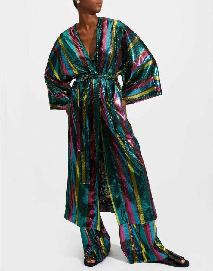 La DoubleJ Feestelijke Kimono met Regenboog Pailletten Groen Dames