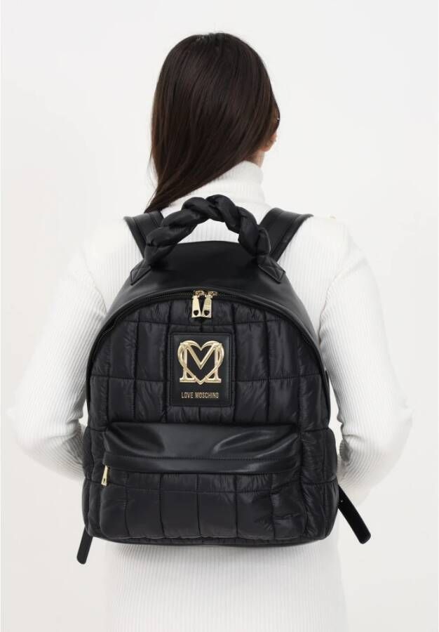 Love Moschino Gewatteerde Zwarte Rugzak met Metalen Logo Zwart Dames
