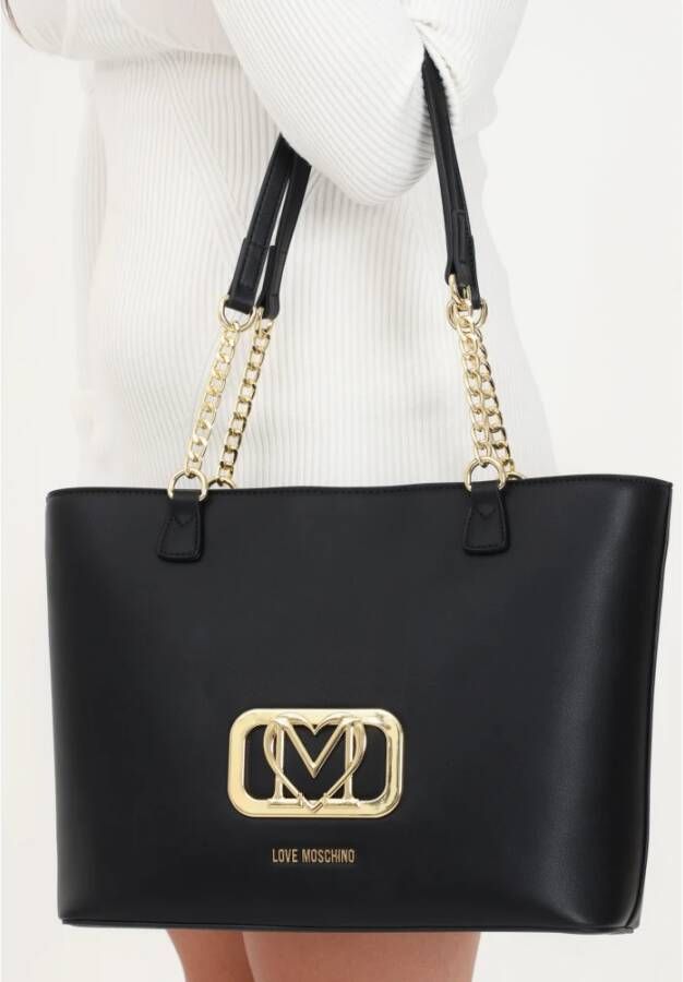 Love Moschino Zwarte Tote Tas met Gouden Logo Plaque Zwart Dames